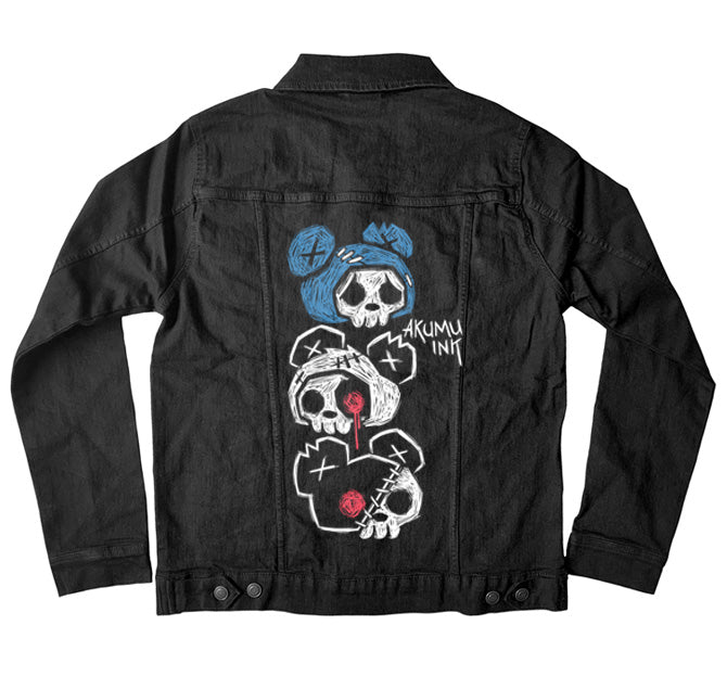 3 Bears Denim Jacket – gothic denim jacket by Akumu Ink, alt fashion art from Akumu Ink Clothing