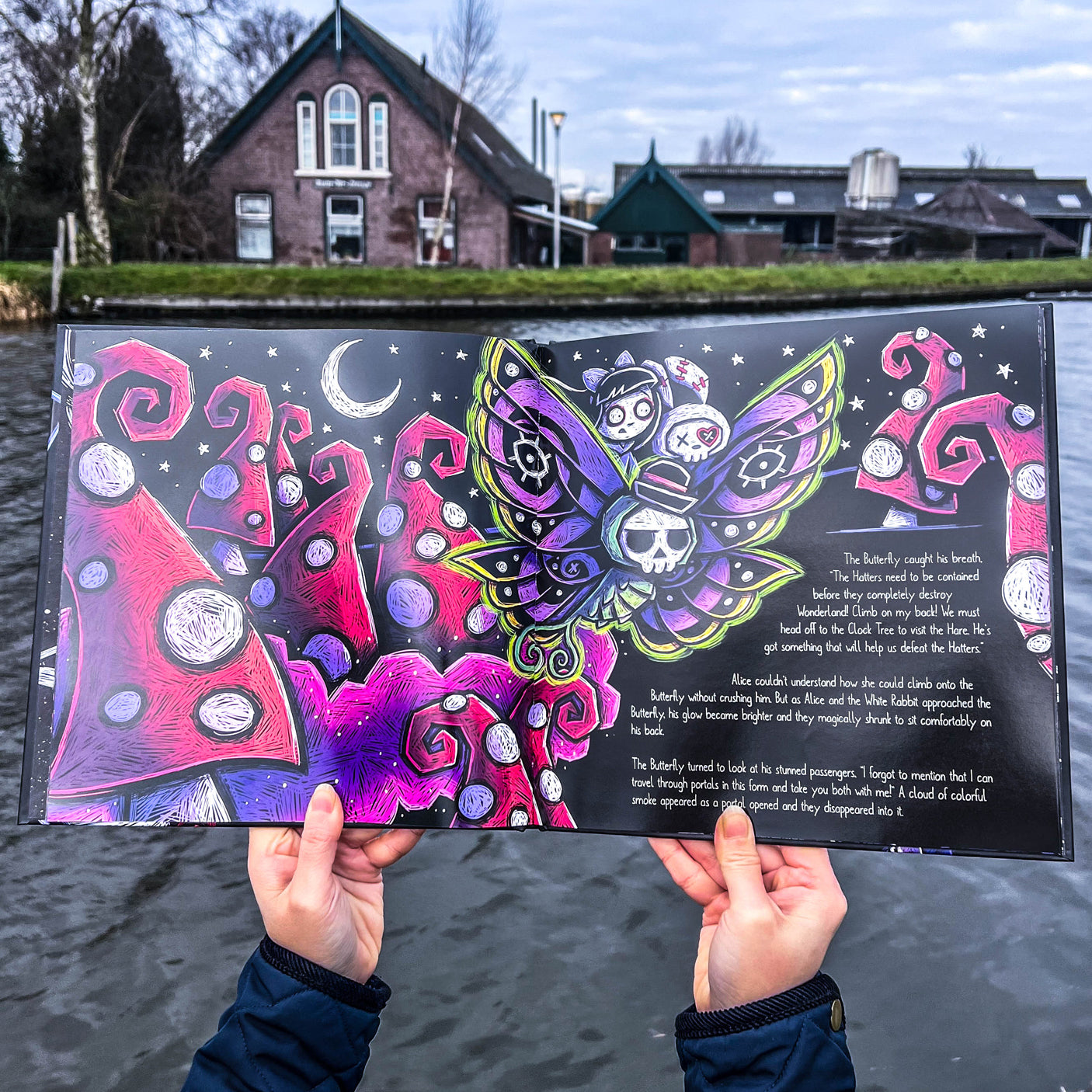 Illustrated Mad Hatter character in twisted Alice in Wonderland art style