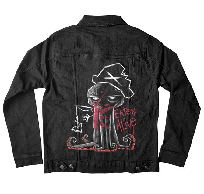 Eaten Alive Denim Jacket – gothic denim jacket by Akumu Ink, alt fashion art from Akumu Ink Clothing