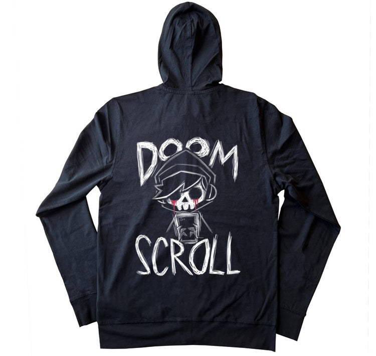 Doom Scroll Hoodie – gothic long sleeve by Akumu Ink Clothing, alt fashion art from Akumu Ink Clothing