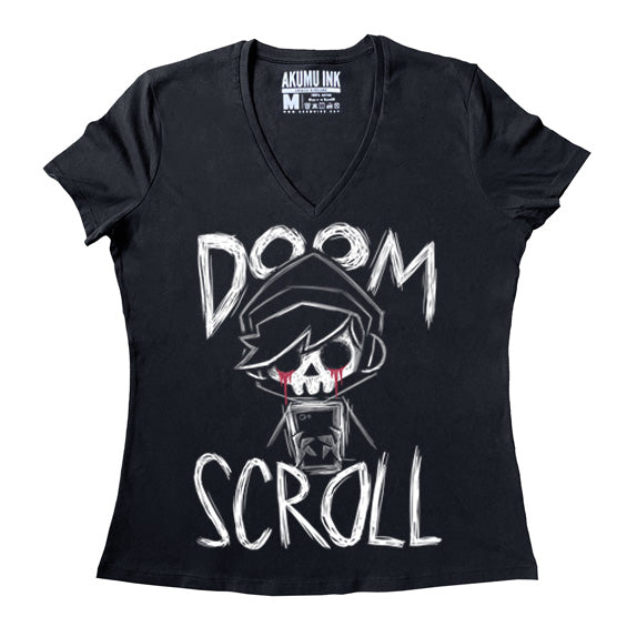 Doom Scroll Women Vneck – gothic Women Shirts by Akumu Ink, alt fashion art from Akumu Ink Clothing