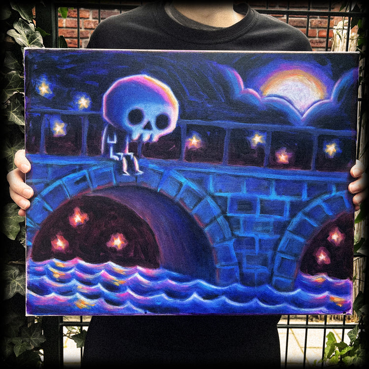 Sitting on a Bridge 40x50cm Painted Canvas – gothic art by Akumu Ink, alt fashion art from Akumu Ink Clothing