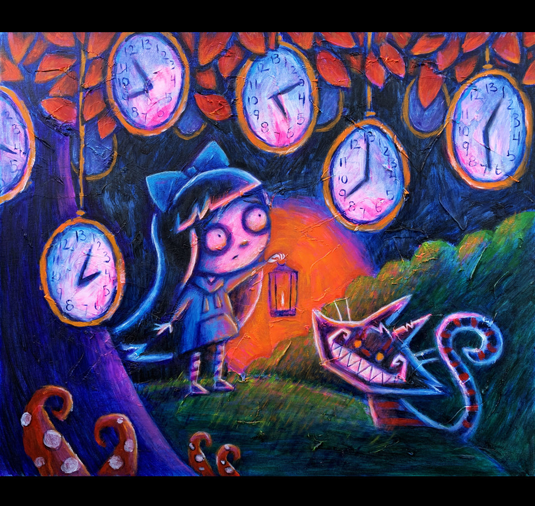Alice Under the Clock Tree 50x60cm Painted Canvas – gothic art by Akumu Ink, alt fashion art from Akumu Ink Clothing