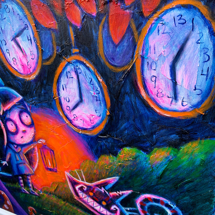 Alice Under the Clock Tree 50x60cm Painted Canvas – gothic art by Akumu Ink, alt fashion art from Akumu Ink Clothing