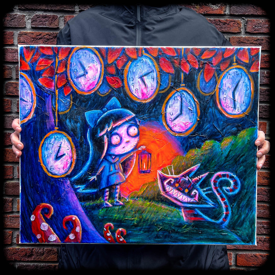 Alice Under the Clock Tree 50x60cm Painted Canvas – gothic art by Akumu Ink, alt fashion art from Akumu Ink Clothing