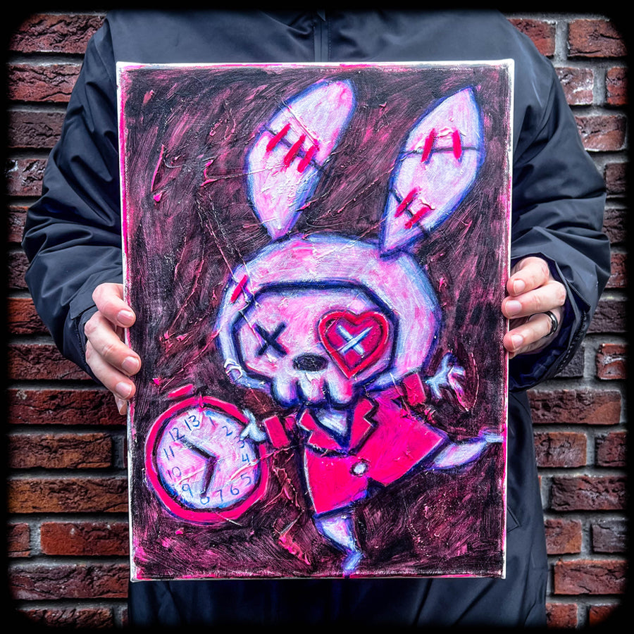 White Rabbit Pink 30x40cm Painted Canvas – gothic art by Akumu Ink, alt fashion art from Akumu Ink Clothing